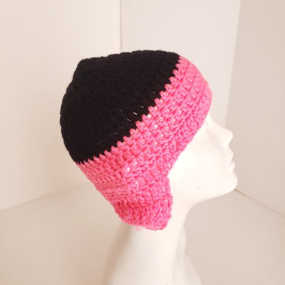 New Handmade Crochet Black and Pink Hat Beanie with Ear Flaps - Picture 3 of 8